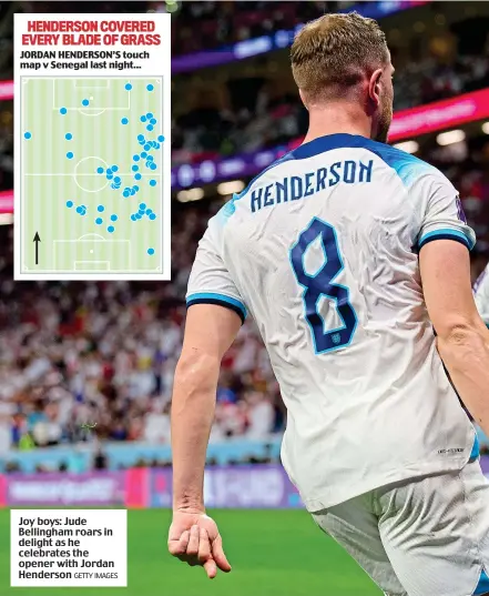  ?? GETTY IMAGES ?? Joy boys: Jude Bellingham roars in delight as he celebrates the opener with Jordan Henderson