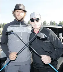  ?? DARREN MAKOWICHUK ?? Calgary Flames goaltender Mike Smith, left, meets up with former Flames’ legend Lanny McDonald during the team’s annual celebrity charity tournament Thursday at the Country Hills Golf Club.