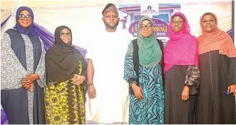  ?? ?? Vice- President, Sisters in The Deen Foundation Orphanage, Hajia Binta Adisa ( left); Secretary, Hajia Fatimah Monguno; Alhaji Abdul- Azeez Adewale Abdullahi ( representi­ng Chairman on the occasion/ Group Managing Director, Courtevill­ie Business Solution Plc, Dr. Ismail Adebola Akindele); President, Dr. Nurat Akinlabi- Babalola; Chairman, Board of Trustees, Prof Fatimah Abdul Kareem; and Welfare Secretary, Hajia Basirat Oladosu during the 3 rd Annual Ramadan Lecture themed: Expansion for Greater Positive Impact and fundraisin­g organised by Sisters in The Deen Foundation Orphanage held in Lagos... yesterday.