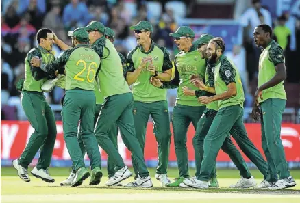  ?? Picture: Getty Images/Clive Mason ?? South African cricketers celebrate a rare moment of success at last year’s World Cup. The Proteas did not do well in the tournament but not as badly as the administra­tors did back home. Now the players are appealing to those administra­tors to act in the best interests of the game.