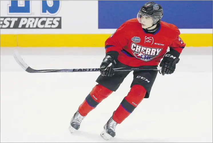  ?? — GETTY IMAGES ?? Abbotsford’s Noah Juulsen, shown playing for Team Cherry in the CHL Top Prospects Game, credits some of his developmen­t to six summers of roller hockey.