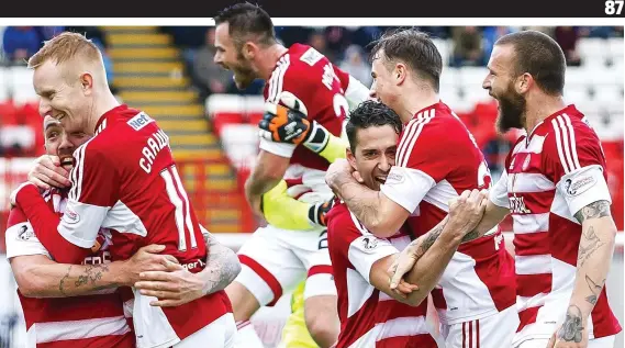  ??  ?? Home comforts: Hamilton’s players celebrate a 1-0 Superseal win over St Johnstone thanks to Alex D’Acol’s goal but their away form is poor