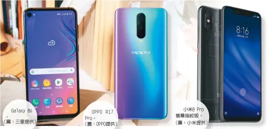  ??  ?? Galaxy 8s
。（圖：三星提供）
OPPO R17 Pro。（圖：OPPO提供）
小米8 Pro螢幕指紋版。
（圖：小米提供）