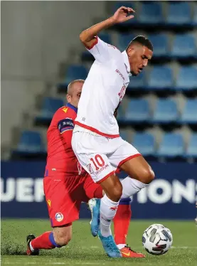  ??  ?? Malta's Steve Pisani shields the ball during the first half against Andorra. Photo © Domenic Aquilina