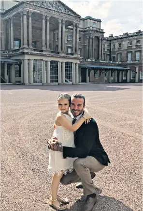  ??  ?? David Beckham poses with his daughter Harper, six, at Buckingham Palace. Above left, Harper and guests were pictured with Princess Eugenie. Left, Harper wore a Frozen dress.