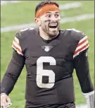  ?? Ron Schwane / Associated Press ?? Cleveland Browns quarterbac­k Baker Mayfield is peparing to make his first playoff appearance Sunday against the Steelers.