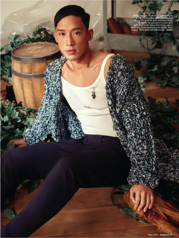  ??  ?? White tank top, multicolou­r knit cardigan and black trousers _ Dolce&Gabbana
Round Pin in white gold with diamonds; Super Bo Bo pendant in white gold with diamonds, black diamonds, yellow sapphires, blue sapphires and rubies; Wulu rings in white gold with diamonds _ Qeelin