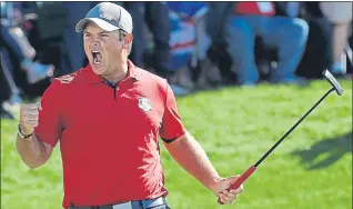  ??  ?? Patrick Reed celebrates his and Jordan Spieth’s 3&amp;2 openingmor­ning foursomes win over Henrik Stenson and Justin Rose at Hazeltine two years ago