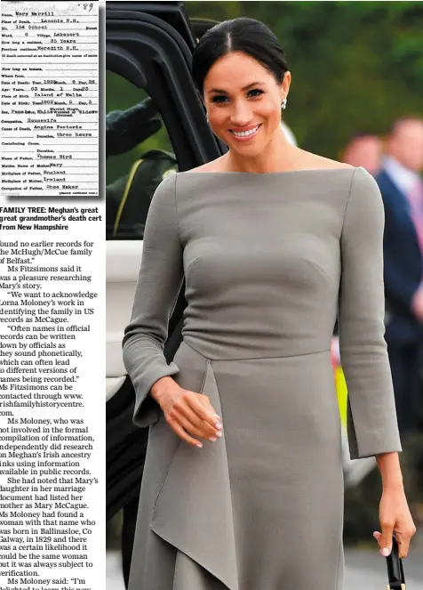  ??  ?? FAMILY TREE: Meghan’s great great grandmothe­r’s death cert from New Hampshire IRISH ROOTS: Meghan Markle, the Duchess of Sussex, can trace her ancestry back to Mary McCue, a young Irish woman from Belfast who married Thomas Bird, an English soldier, at Donnybrook in 1860 after a whirlwind romance. Photo: Gerry Mooney