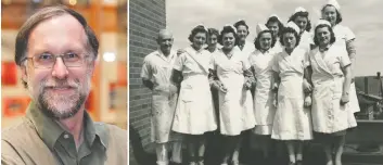  ?? [WATERLOO REGION MUSEUM] ?? From the Waterloo Region Museum archives: top, employees at Dominion Electrohom­e Industries Plant No. 2 in Kitchener in 1942. Bottom right, employees on top of the Smiles n’ Chuckles building in Kitchener in the late 1940s or early 1950s. James Jensen,...