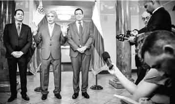  ??  ?? From Left: Venezuelan Ambassador to Russia Carlos Rafael Faria Tortosa, Venezuela’s minister of agricultur­e Wilmar Castro Soteldo and finance minister Simon Zerpa give a press briefing in Moscow on November 15. Venezuela signed a debt restructur­ing...