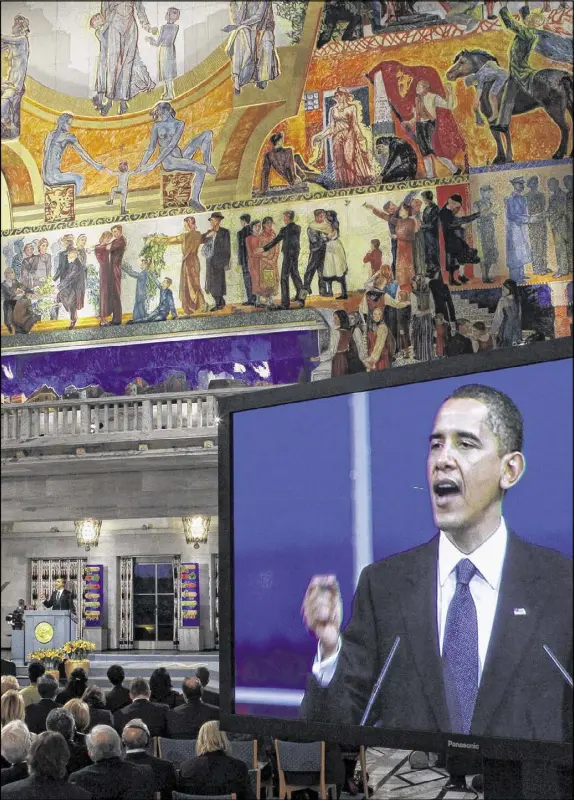  ?? DOUG MILLS / THE NEW YORK TIMES ?? In Oslo, Norway, in December 2009, President Barack Obama accepts his Nobel Peace Prize. During his administra­tion, Obama approached conflict as a chronic but manageable security challenge, rather than an all-consuming national campaign. Elected as an...