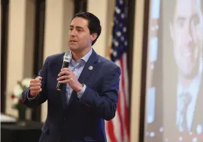  ?? The Associated Press ?? ■ Ohio Secretary of State Frank LaRose speaks to the Fairfield County Lincoln Republican Club on March 24 in Pickeringt­on, Ohio.