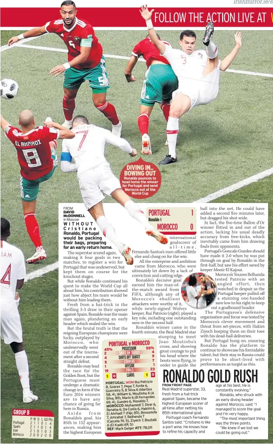  ??  ?? DIVING IN.. BOWING OUT Ronaldo pounces to head home the winner for Portugal and send Morocco out of the World Cup