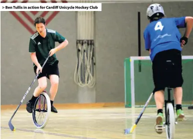  ??  ?? > Ben Tullis in action for Cardiff Unicycle Hockey Club