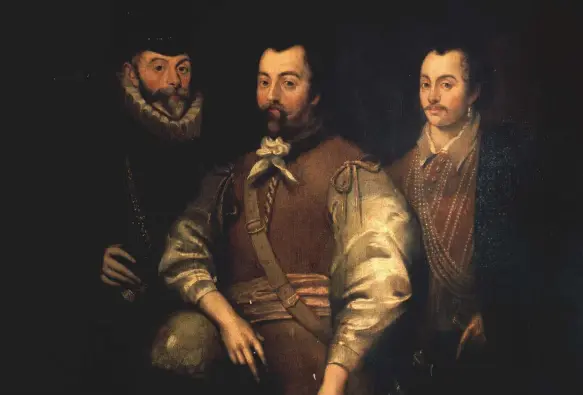  ??  ?? D. BAYES / ALBUM DRAKE Y COMPAÑÍA
Este óleo de autor desconocid­o muestra a los tres corsarios más famosos de la Inglaterra isabelina: Thomas Cavendish, Drake y John Hawkins. Museo Marítimo Nacional, Londres.