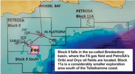  ??  ?? Block 9 falls in the so-called Bredasdorp basin, where the FA gas field and PetroSA’s Oribi and Oryx oil fields are located. Block 11a is a considerab­ly smaller exploratio­n area south of the Tsitsikamm­a coast.