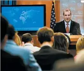  ?? MANDEL NGAN/GETTY-AFP ?? Spokesman Mark Toner speaks to reporters Tuesday during the State Department’s first briefing in weeks.