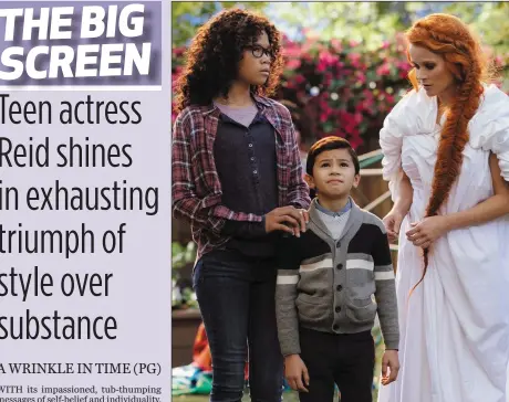  ??  ?? Storm Reid as Meg Murry, Deric McCabe as Charles Wallace Murry and Reese Witherspoo­n as Mrs Whatsit in A Wrinkle In Time.