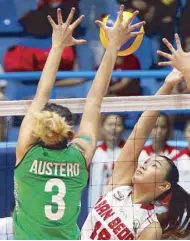  ??  ?? San Beda’s Francesca Racraquin (right) goes up against St. Benilde’s Anne Austero during their NCAA clash yesterday. JUN MENDOZA