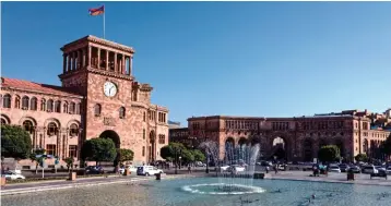  ??  ?? TOP LEFT: Kim, Khloé and Kourtney Kardashian have Armenian heritage ABOVE AND TOP RIGHT: Republic Square in Yerevan