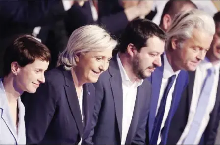  ?? MICHAEL PROBST — THE ASSOCIATED PRESS ?? Alternativ­e for Germany Chairwoman Frauke Petry, from left, far-right leader Marine le Pen from France, Italian Lega Nord chief Matteo Salvini and Dutch populist anti-Islam lawmaker Geert Wilders stand together at a meeting of European Nationalis­ts in...