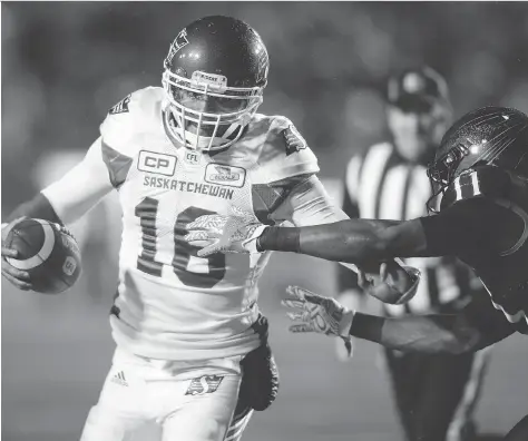  ?? THE CANADIAN PRESS ?? Saskatchew­an’s Canadian-born quarterbac­k Brandon Bridge, left, came on in relief of starter Kevin Glenn and led the Roughrider­s to a surprising 30-7 victory over the Calgary Stampeders. Bridge has made his mark with the Riders since being cut by the...
