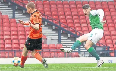  ??  ?? Kevin Nisbet slots home to open the scoring
The opening goal not only gave Hibs the lead but the confidence and composure to stay on top through the 90 minutes.