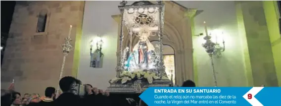  ??  ?? ENTRADA EN SU SANTUARIO Cuando el reloj aún no marcaba las diez de la noche, la Virgen del Mar entró en el Convento9P­RINTED AND DISTRIBUTE­D BY PRESSREADE­R