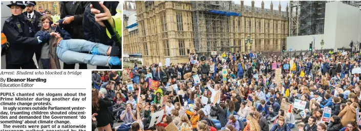  ??  ?? Arrest: Student who blocked a bridge
Walkout: Pupils striking outside Parliament and missing school yesterday, with the protests leading to eight arrests