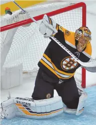  ?? STAFF PHOTO BY CHRIS CHRISTO ?? STARTING THE TRIP: Tuukka Rask will be in net tonight against the Flames as the Bruins try to extend their four-game winning streak.