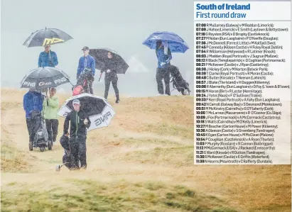  ?? BRIAN ARTHUR ?? Golfers and caddies make their way off the course after play was cancelled due to heavy rain during the second qualifying round of the South of Ireland Championsh­ip at Lahinch Golf Club