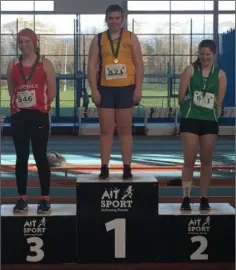  ??  ?? Blackrock’s Aoibhín McMahon topped the podium in the U-16 shot putt.