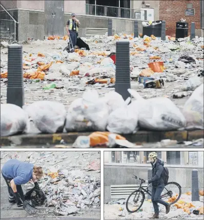  ?? PICTURES: DANNY LAWSON/PA ?? AFTERMATH: Workers clear litter in the centre of Leeds left by celebratin­g fans after Leeds United won the Championsh­ip title and returned to the Premier League. A female officer suffered a serious injury after being hit on the head by a bottle.