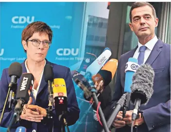  ?? FOTOS: IMAGO/AFP | MONTAGE ?? CDU-Chefin Annegret Kramp-Karrenbaue­r und Thüringens CDU-Landesvors­itzender Mike Mohring.