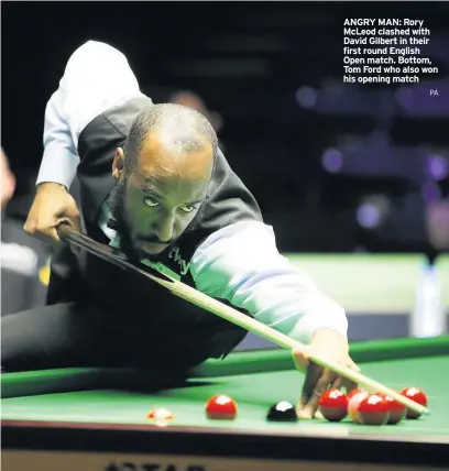  ?? PA ?? ANGRY MAN: Rory McLeod clashed with David Gilbert in their first round English Open match. Bottom, Tom Ford who also won his opening match