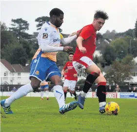  ??  ?? Lewis Leigh-Gilchrist, right, scored Manor Farm’s opener against Highworth