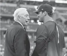  ?? ERICH SCHLEGEL, USA TODAY SPORTS ?? Cowboys owner Jerry Jones, left, says of Tony Romo: “He has some of the best options you could have.”