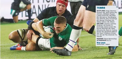  ?? PICTURE: Getty Images ?? Bringing home the bonus: Ireland wing Andrew Conway scores the fourth Ireland try