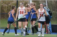  ?? OWEN MCCUE - MEDIANEWS GROUP ?? Perkiomen Valley’s Danielle Hamm (30) and Kaite Wuerstle walk up the field Tuesday as Downingtow­n West’s Ashley Plzak (6) celebrates her goal in the District 1-3A semifinals.