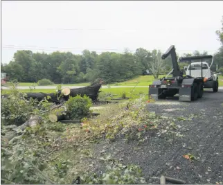  ?? STAFF PHOTO BY PAUL LAGASSE ?? Tom Welch of Welch & Son LLC, a roll-off dumpster service, used his truck’s hoist to lift a fallen tree from the roof of Penns Hill Road resident Leo Yates following Monday’s fast-moving storm that toppled trees and brought down power lines around...