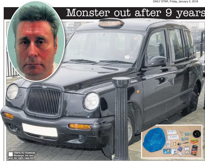  ??  ?? TRIPS TO TERROR: Worboys, his taxi and, far right, rape kit
