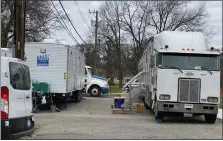  ?? JENNY SHERMAN — MEDIANEWS GROUP ?? There were multiple trailers parked in the lot adjacent to Geary Park in Ferndale Thursday morning in preparatio­n for the production of a new HBOMax pilot, “Computer School.”