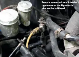 ??  ?? Pump is connected to a Schrader type valve on the Hydrolasti­c pipe on the bulkhead.