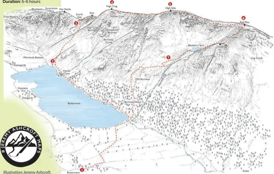  ?? Illustrati­on: Jeremy Ashcroft. For personalis­ed prints see jeremyashc­roftmaps.etsy.com ?? START/FINISH centre of Buttermere village
GR: NY175170
Distance: 12.5km/7.8 miles Ascent: 920m/3018ft Duration: 5-6 hours