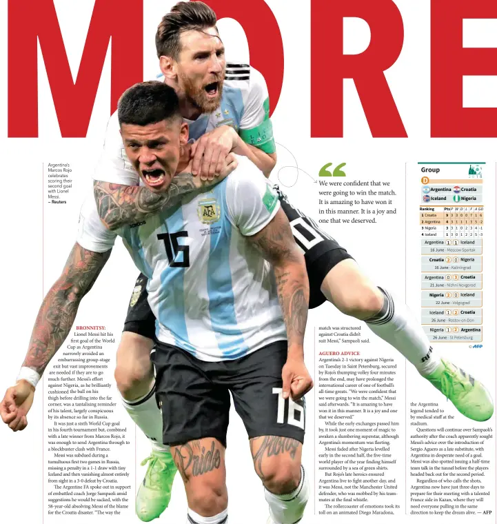  ?? — Reuters ?? Argentina’s Marcos Rojo celebrates scoring their second goal with Lionel Messi.