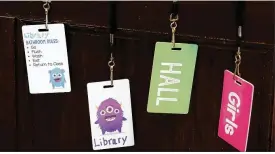  ?? TY GREENLEES / STAFF ?? Hall passes hang on the wall of Kinder Elementary School’s library, ready for the students in the new school year beginning Aug. 8.