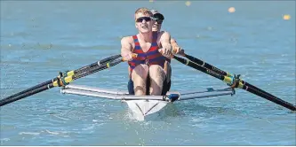  ?? JULIE JOCSAK
THE ST. CATHARINES STANDARD ?? Evan McRae and Johan May of St. Catharines compete in the men's under-19 double during the fourth day of racing at the Royal Canadian Henley Regatta on Friday.