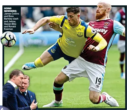  ??  ?? GOING NOWHERE: James Collins and Ross Barkley clash and, below, Slaven Bilic and Ronald Koeman