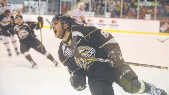  ?? JASON MALLOY/THE GUARDIAN ?? Charlottet­own Islanders right-winger Kevin Gursoy celebrates his goal Saturday during Game 2 of their first-round playoff series with the Cape Breton Screaming Eagles.